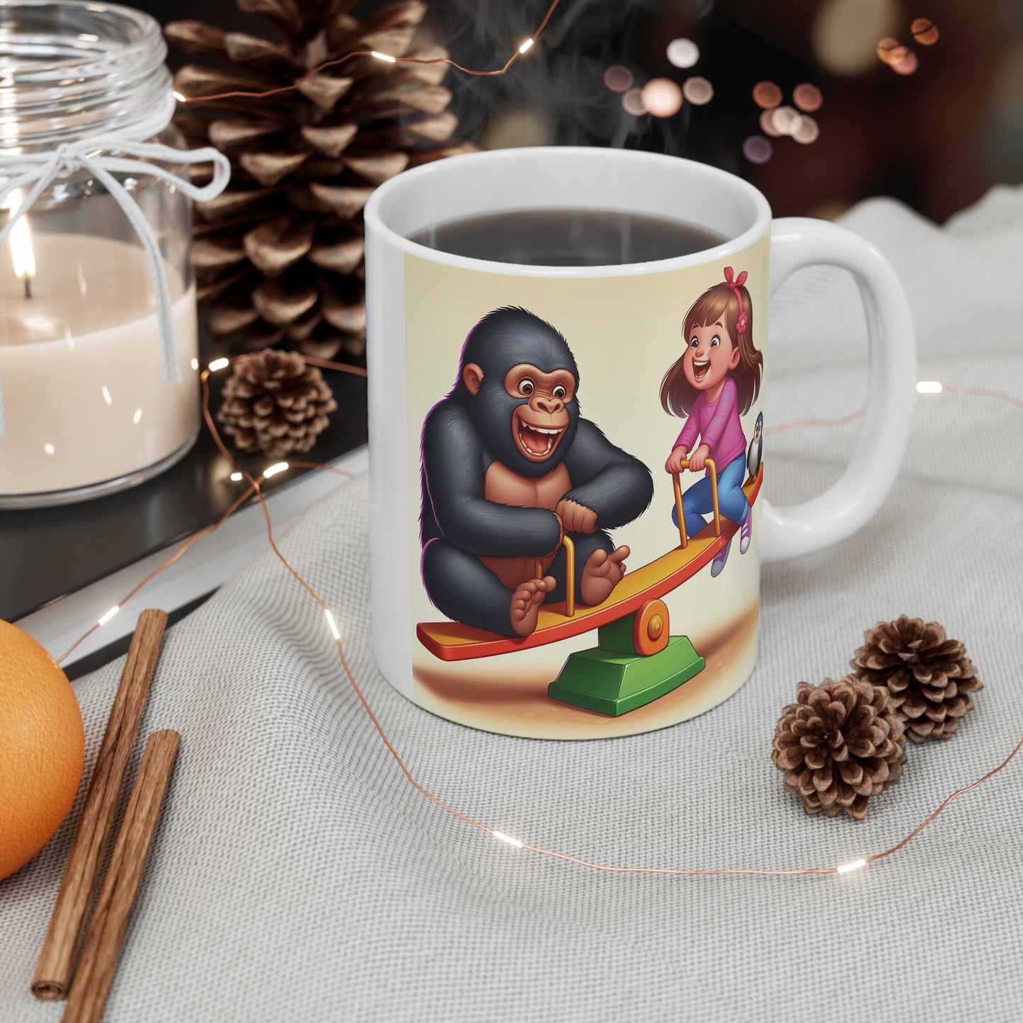 Playful Cartoon Gorilla & Kid on Seesaw 11oz Mug - Friendship & Adventure