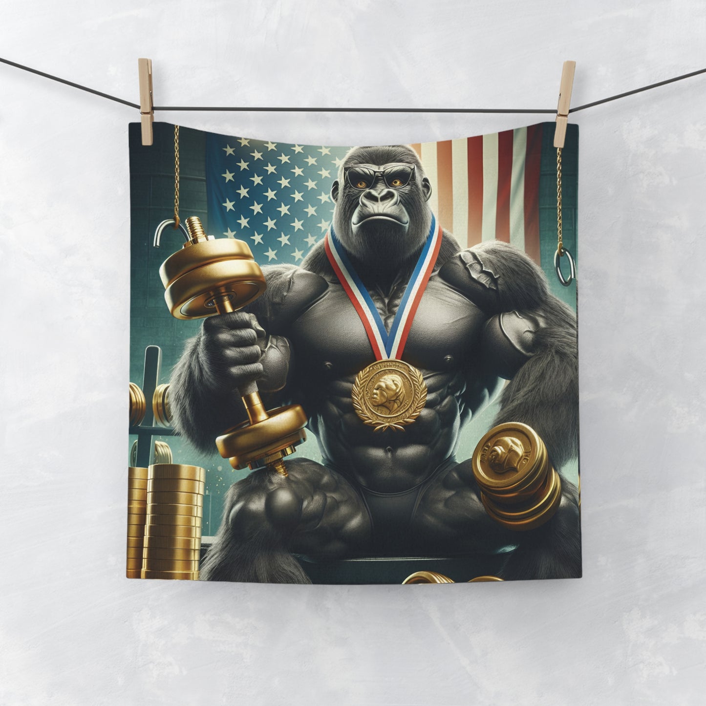 Elevate your fitness motivation with our functional "Gorilla Powerlifting Champion Face Towel"! Featuring a gorilla wearing a gold medal, this towel captures the essence of strength and determination, also symbolizing pride and resilience. Perfect for gym enthusiasts, bodybuilders, and athletes. BUY NOW! (SK Superb)