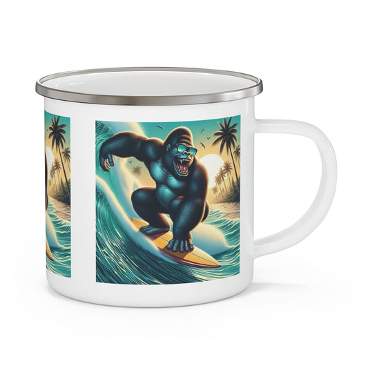 Experience your adventures with our Gorilla Surfing Enamel Camping Mug. It features a fun design of a muscular gorilla surfing under the sunset, just like human surfers who revel in the thrill of riding the waves. A great gift idea for outdoor adventurers, surfers. BUY NOW! (SK Superb)