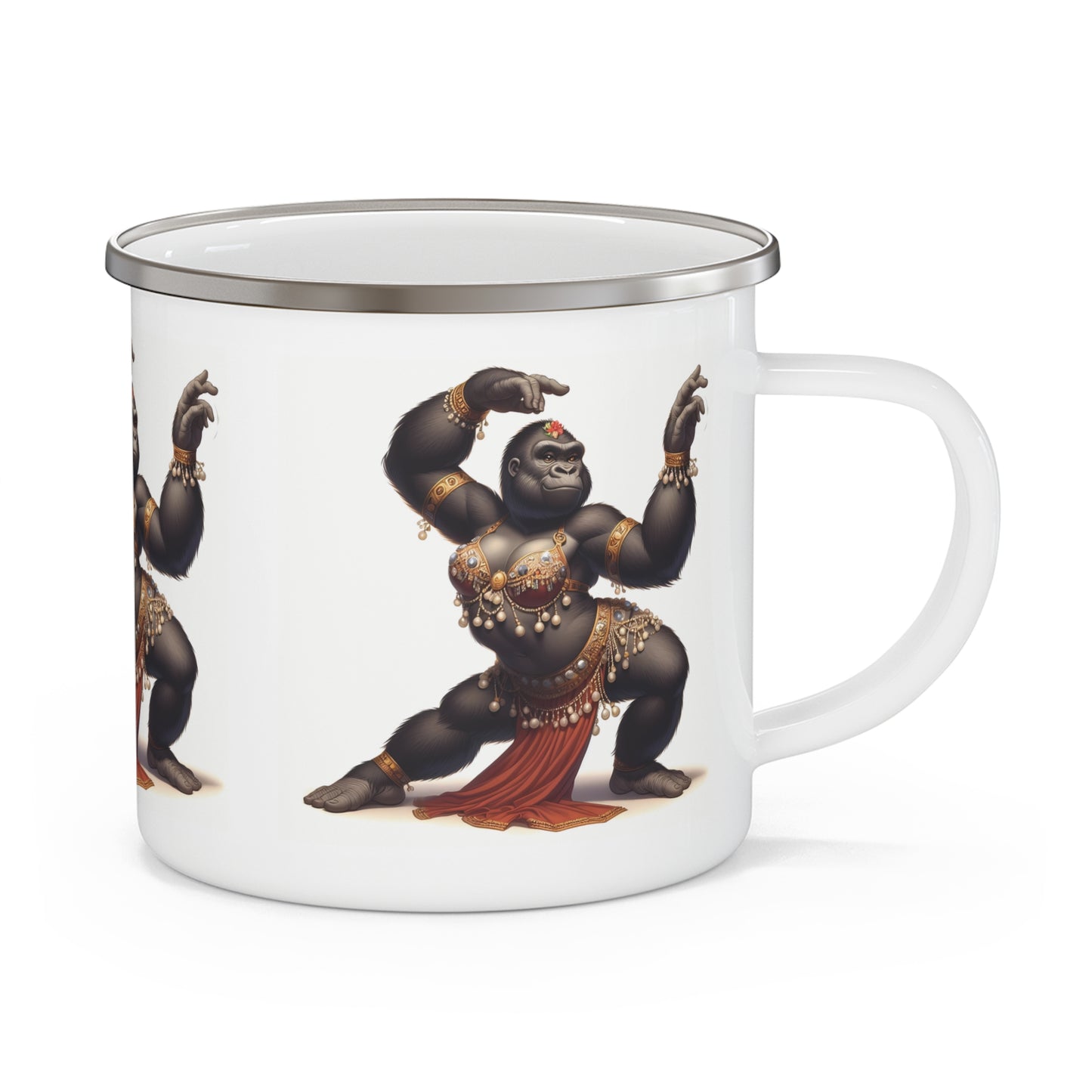 Add a fun touch to your outdoor adventures with this "Dancing Gorilla" Enamel Camping Mug, featuring a quirky design of a belly dancing gorilla. Perfect for camping, hiking, and travel. A great gift for outdoor enthusiasts, this playful camping mug is sure to stand out around the campfire. BUY NOW! (SK Superb)