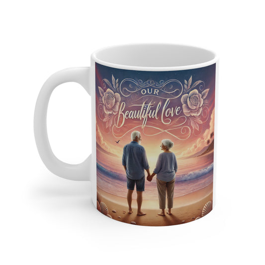 'Our Beautiful Love' 11oz mug with a romantic sunset beach design of a couple. Perfect gift for anniversaries, weddings, or Valentine’s Day. BUY NOW!