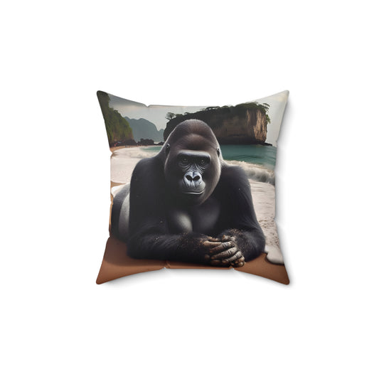 Add a touch of serene beach vibes to your home with the 'Gorilla on the Beach Pillow'. The gorilla's relaxed pose mirrors that of human beach enthusiasts, creating a captivating connection between nature and human leisure. Enhance your decor with this distinctive and charming pillow today! BUY NOW! (SK Superb)