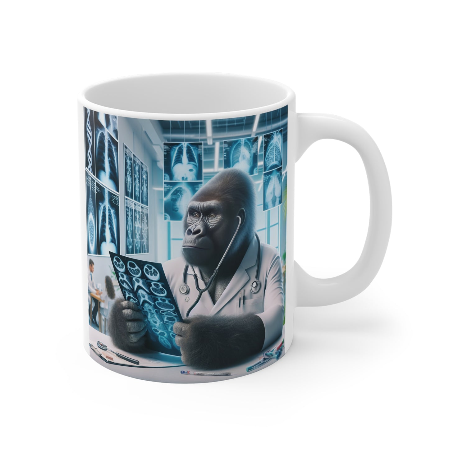 Our unique "Gorilla Doctor Examining X-Rays" 11oz is Ideal for medical team, radiologists, veterinarians, and animal lovers. A fun mug for home or enjoying a break at the clinic. Perfect gift for colleagues, friends, family who love wildlife. BUY NOW! (SK Superb)