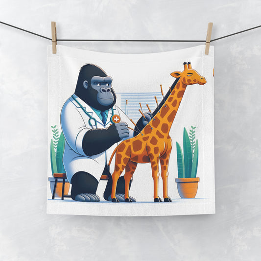 Our Cartoon Gorilla Veterinarian Face Towel features an adorable gorilla doctor performing acupuncture on a friendly giraffe. Ideal for animal lovers, veterinarians, and anyone who enjoys whimsical designs, this towel combines functionality with fun. Ideal for daily use and as a decorative piece. BUY NOW! (SK Superb)