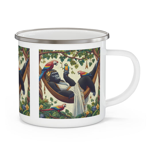Elevate your outdoor adventures with our whimsical "Relaxing Gorilla in Hammock" Enamel Camping Mug, similar to human-like relaxation in the heart of nature!. Perfect for camping, hiking, outdoor and indoor use. BUY NOW! (SK Superb)