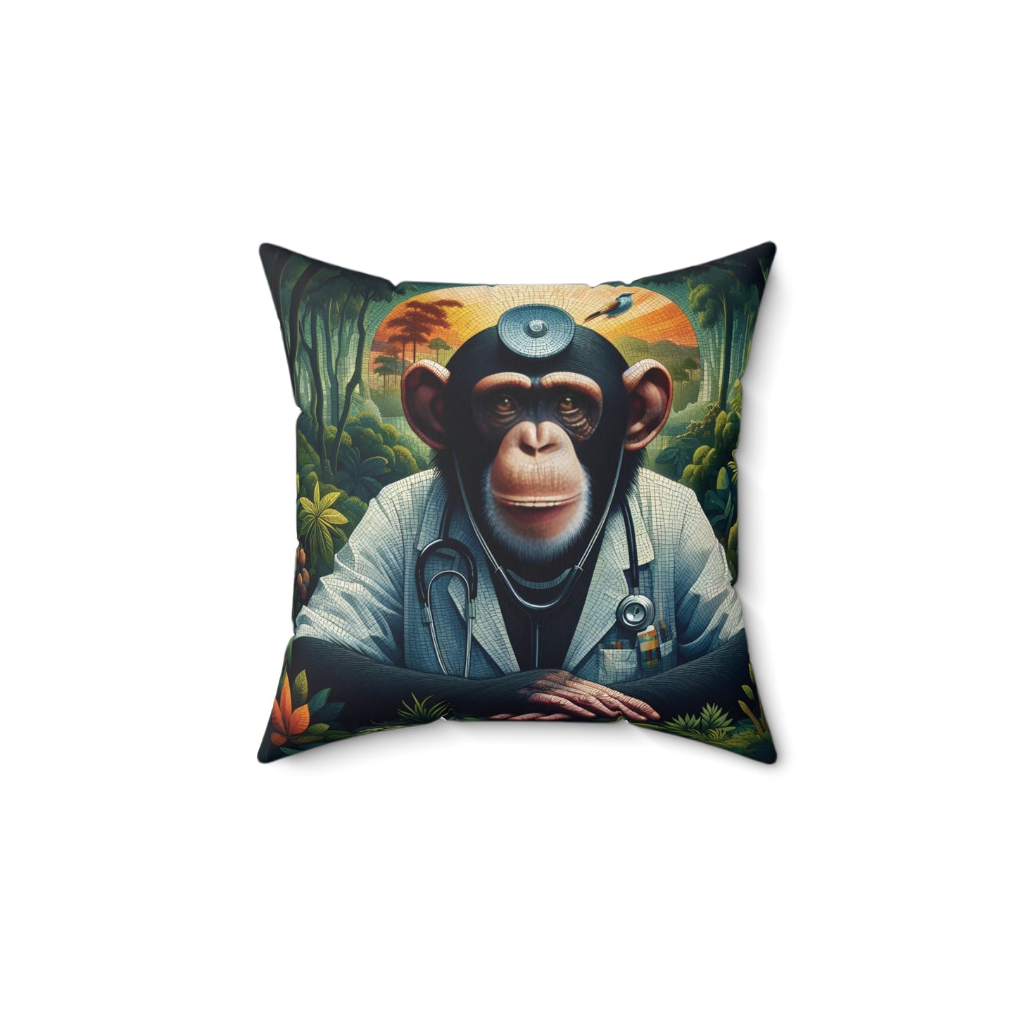 Celebrate the accomplishments of veterinary graduates with our "Doctor Monkey Decorative Pillow". A fun, whimsical, symbolic gift home decor pillow for your couch, bed or favorite chair . Featuring a doctor chimpanzee in tropical background, ideal for animal lovers and those with a sense of humor.(SK Superb)