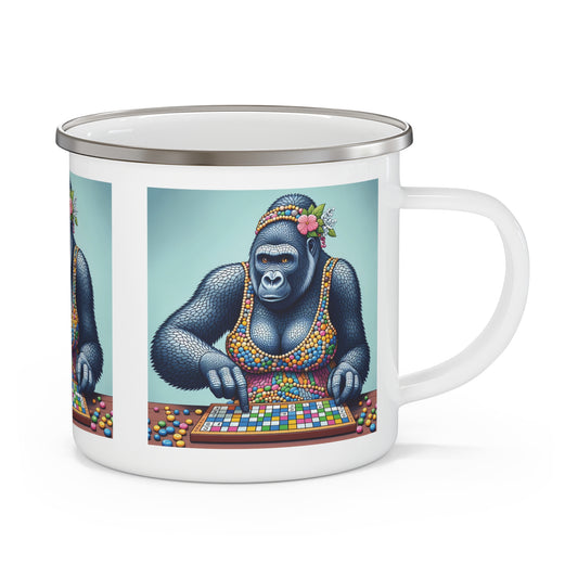 Enjoy your outdoor adventures with this creative enamel camping mug featuring a playful female gorilla playing a colorful board game, perfect for camping, hiking, or traveling. This quirky animal design makes it an ideal gift for art and nature lovers. BUY NOW! (SK Superb)