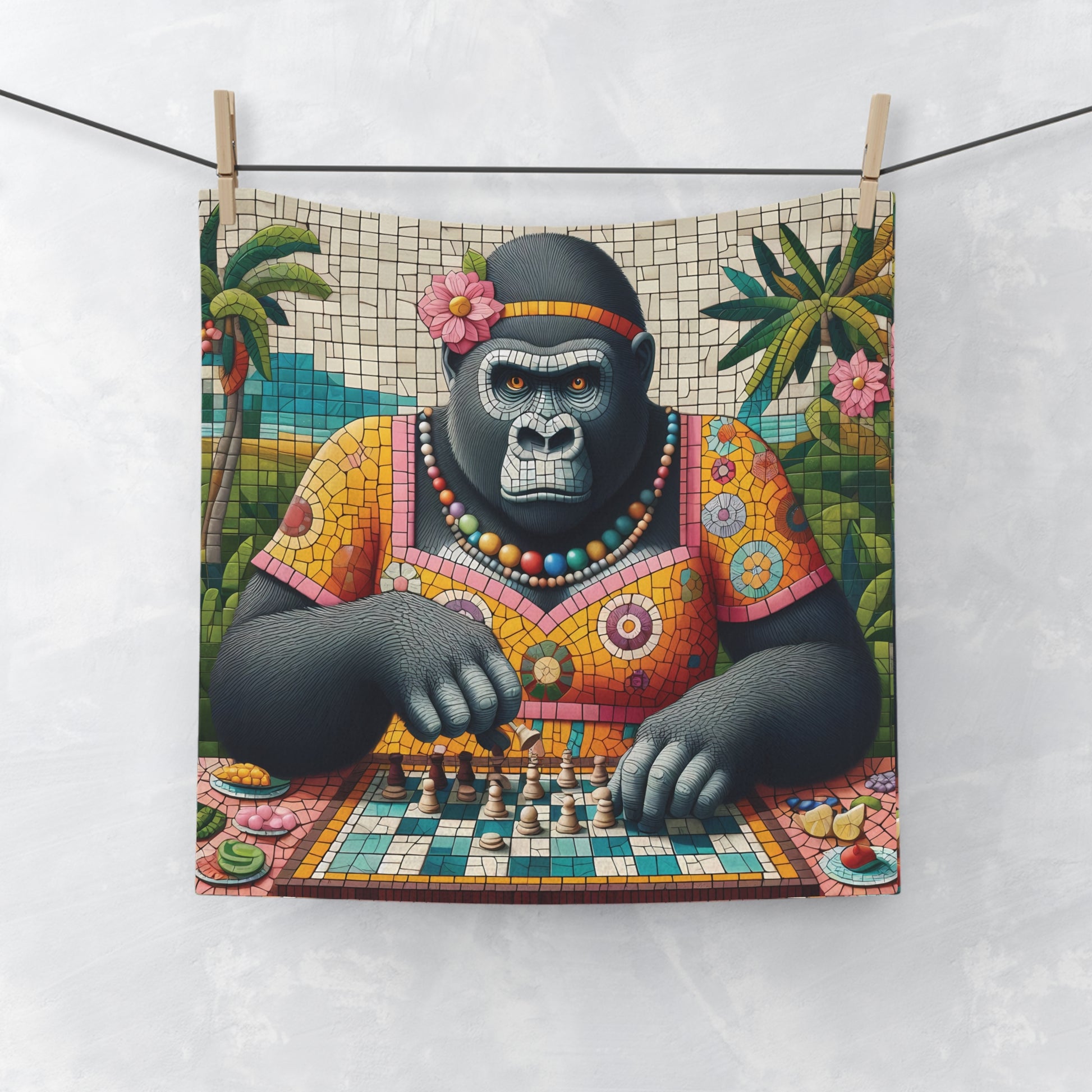 Elevate your bathroom decor with our unique "Mosaic Style Gorilla Playing Chess Face Towel." Perfect for chess enthusiasts, animal lovers, or who simply appreciates the artistry of wildlife imagery, this towel is a must-have addition to your bathroom collection. BUY NOW! (SK Superb)