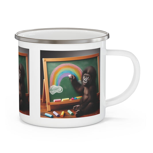 Inspire your child's creativity with this fun enamel camping mug featuring an adorable baby gorilla drawing a rainbow. Perfect for kids who love art and animals, this mug is great for camping, picnics, or at-home use. BUY NOW! (SK Superb)