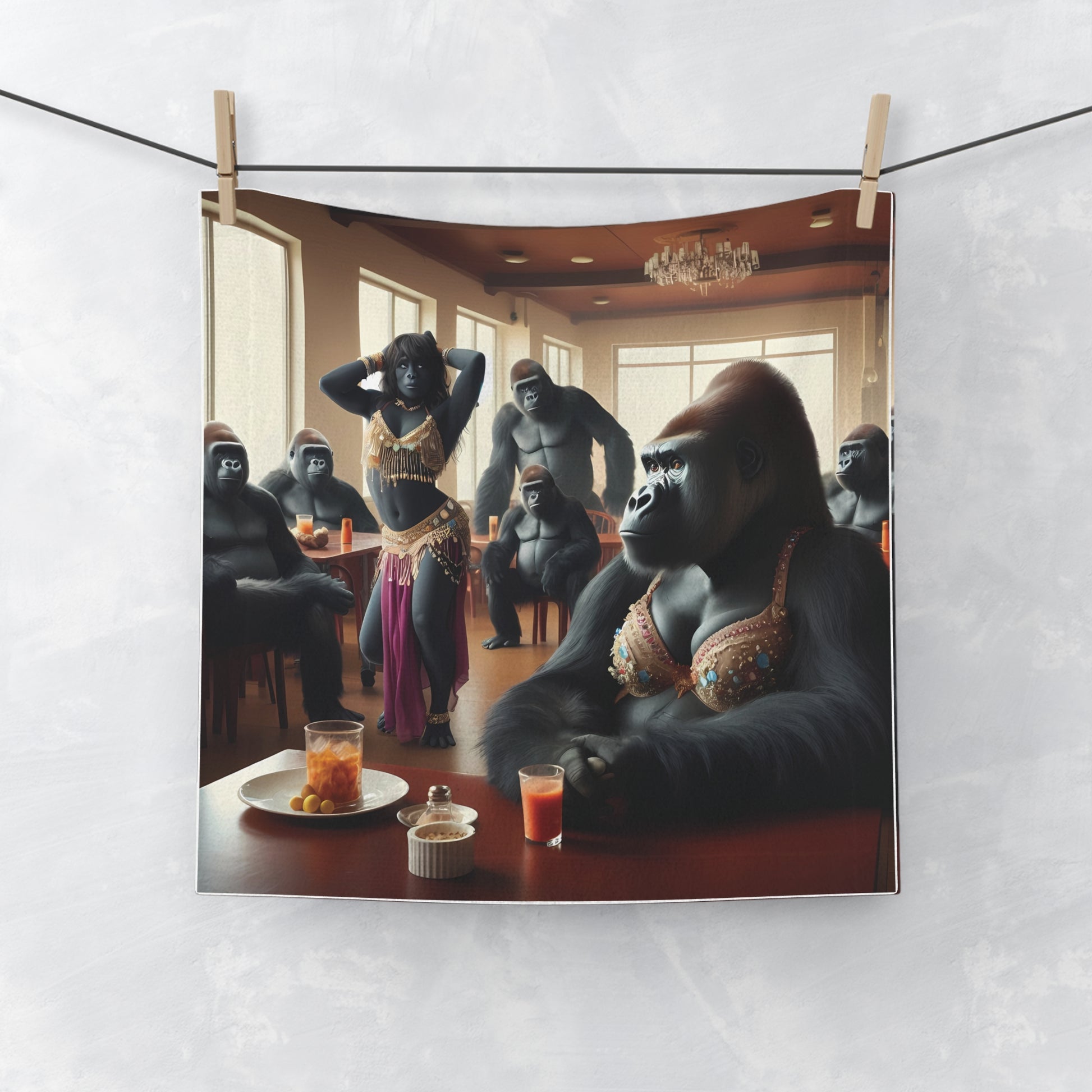 Our "Exotic Gorilla Belly Dancer Face Towel" is a functional accessory and a striking piece of art and creativity. Ideal for dancers, animal art enthusiasts, and those who love unique home decor, this towel brings together the worlds of wildlife and human passion for belly dancing. BUY NOW! (SK Superb)