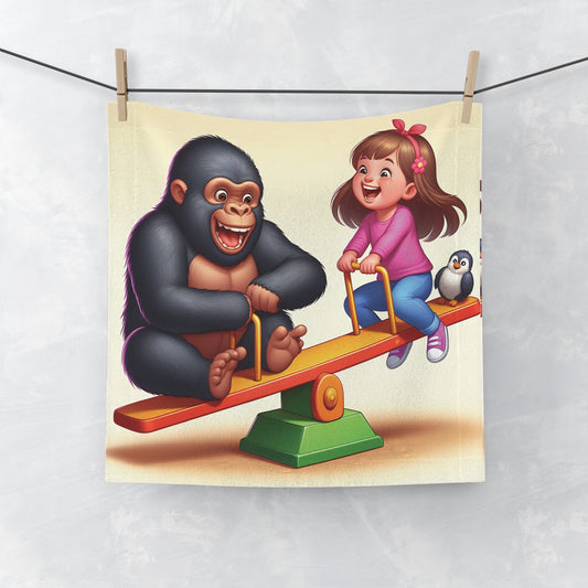 A delightful functional and decorative face towel of a cartoon gorilla and a cheerful child enjoying a playful ride on a seesaw. This face towel adds a whimsical touch to any bathroom or nursery. A wonderful gift for children, parents, or anyone who loves fun and unique bathroom accessories. BUY NOW! (SK Superb)