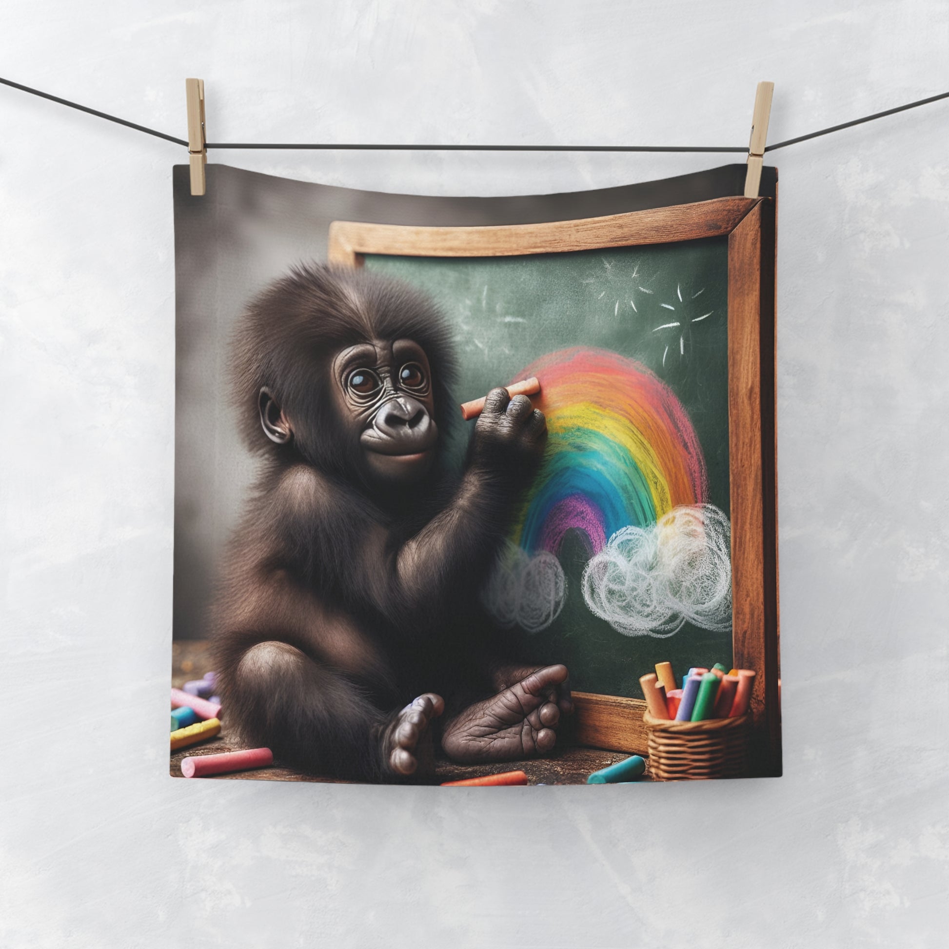 A face towel of a playful baby gorilla drawing a rainbow, adding fun to bath time and inspire children in creative activities. Whether at home, school, or daycare, this towel is a reminder of the joy and freedom that comes with artistic exploration. Gift for birthdays, holidays. BUY NOW! (SK Superb)