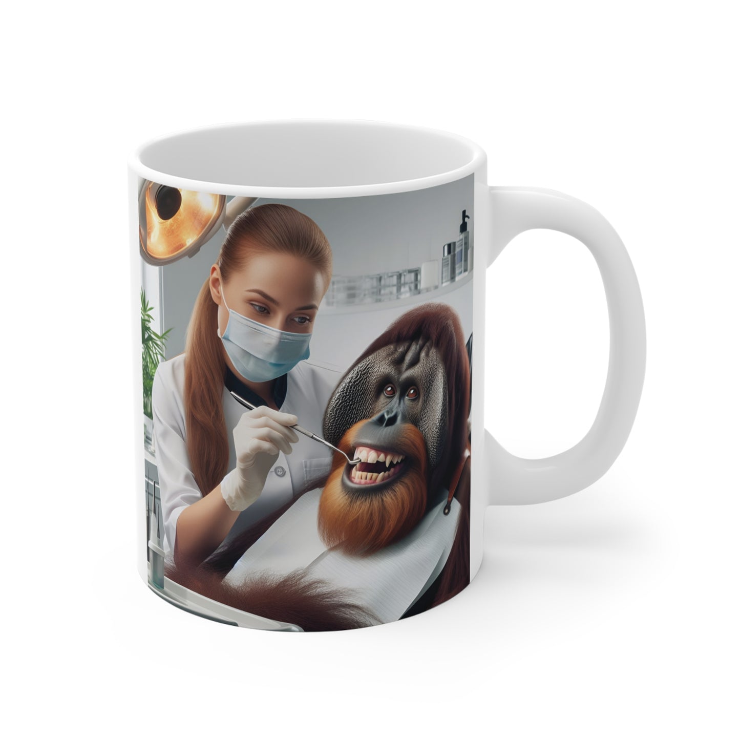 Brighten up your mornings with our 11oz Mug featuring a delightful scene of a smiling orangutan at the dentist. Perfect for animal lovers and those who appreciate a touch of humor in their daily routine. An excellent gift for animal enthusiasts, dentists, or anyone who loves quirky items. BUY NOW! (SK Superb)