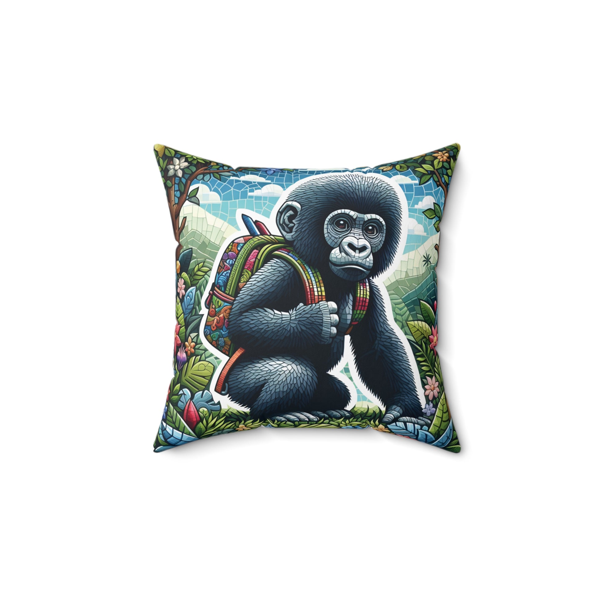 Inspire your kids the joy of going back to school to embark on their educational journey with this "Little Learner Gorilla Pillow". It features an adorable young gorilla with a backpack, in nature-inspired mosaic background. A fun and adventure pillow for animal and artistic lovers. BUY NOW! (SK Superb)