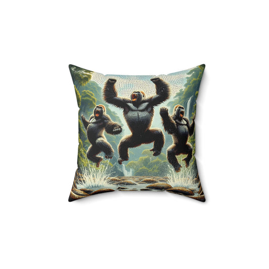 Bring the wild excitement of nature into your home with the "Gorilla Trio Jumping in the Forest Pillow". Featuring gorillas leaping with joy in a forest backdrop, this pillow adds a touch of adventurous spirit to any space. Perfect for nature lovers and wildlife enthusiasts, a cozy addition to your decor. (SK Superb)
