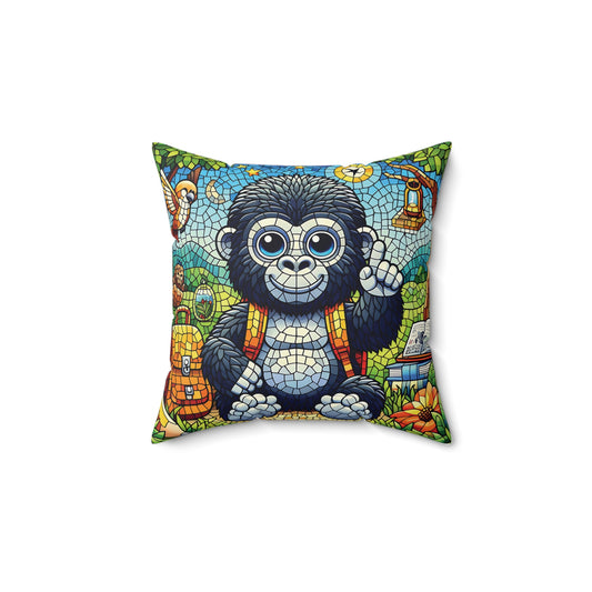 A visually appealing playful "Mosaic Art Adventure Young Gorilla Throw Pillow" for your home decor. Featuring a cute small gorilla with a backpack, surrounded by a vibrant mosaic jungle scene. The adventurous young gorilla encourages kids to embrace life’s adventures and explore the wonders of nature. (SK Superb)