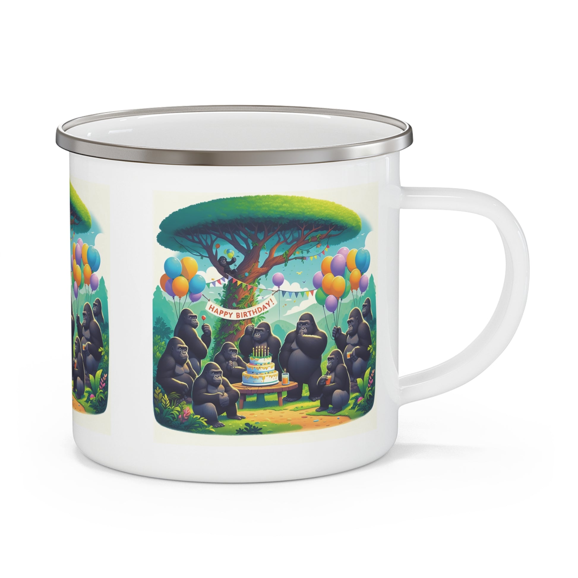 Celebrate with our enamel camping mug featuring a heartwarming scene of gorillas gathered for a joyful birthday party, just like humans celebrating outdoors. This mug is perfect for camping trips, outdoor adventures, or enjoying your coffee at home. Gift for animal and nature lovers. BUY NOW! (SK Superb)