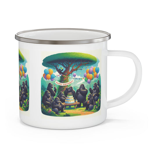 Celebrate with our enamel camping mug featuring a heartwarming scene of gorillas gathered for a joyful birthday party, just like humans celebrating outdoors. This mug is perfect for camping trips, outdoor adventures, or enjoying your coffee at home. Gift for animal and nature lovers. BUY NOW! (SK Superb)