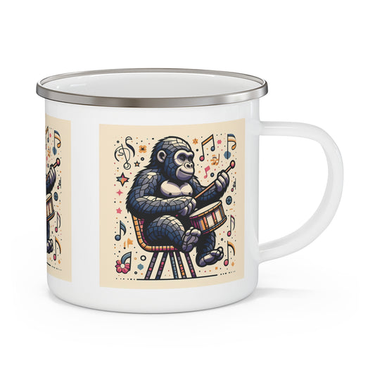 Discover the fun "Gorilla Drummer" Enamel Camping Mug for kids, perfect for outdoor adventures, camping trips, picnics, or everyday use. Ideal gift for young music lovers and aspiring drummers, animals lovers, this whimsical mug design adds creativity and joy to every sip. BUY NOW! (SK Superb)