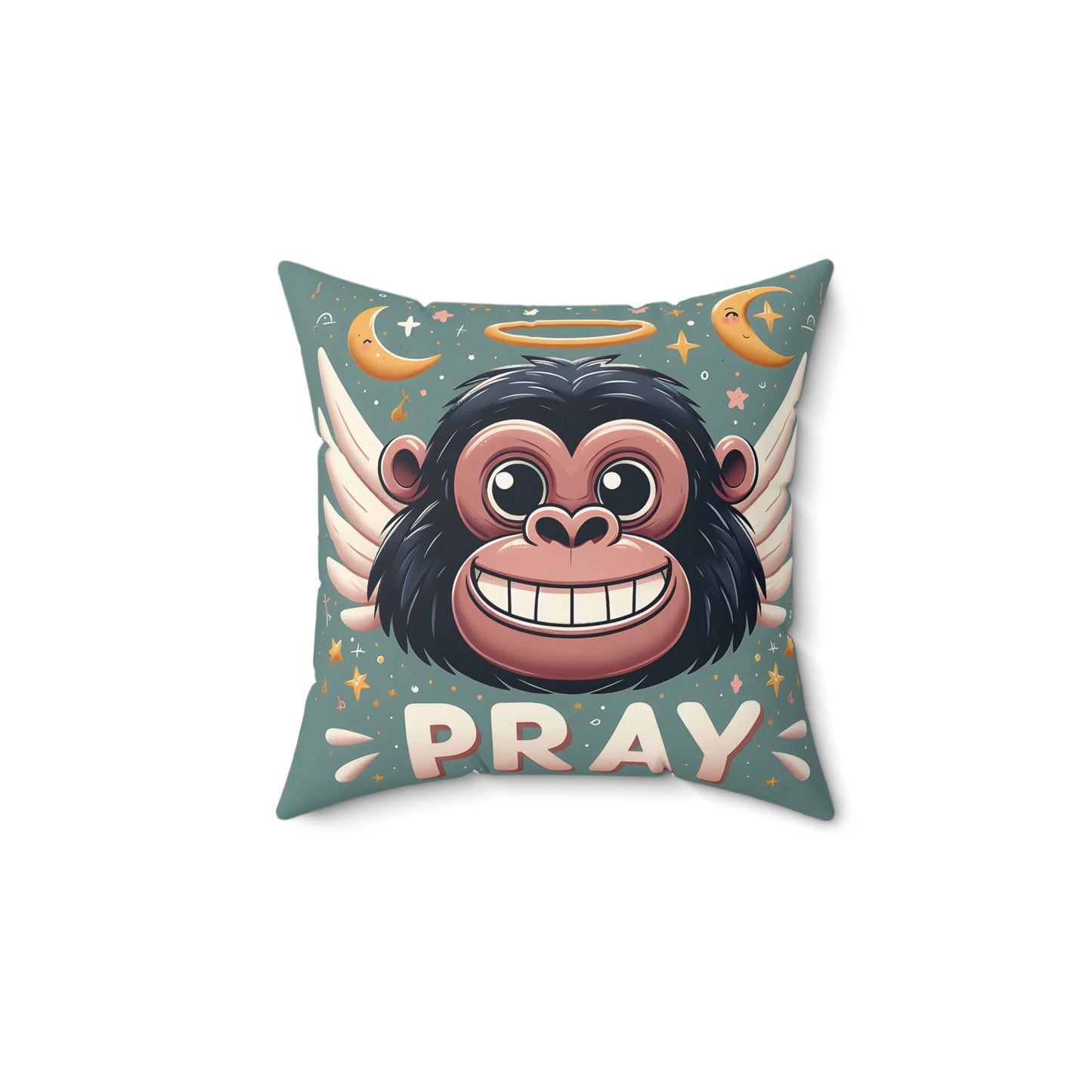 Inspire divine charm to your home decor with our Angelic Gorilla Pray Pillow. A heavenly pillow of a joyful gorilla with angel wings, a halo, and the word "PRAY" prominently displayed. Reminder to always keep faith, positivity and spirituality close. A thoughtful gift too. BUY NOW and SMILE! (SK Superb)