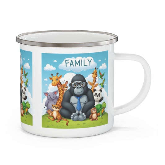 Bring a touch of family warmth and joy to your outdoor experiences with this Enamel Camping Mug of cartoon gorilla surrounded by a delightful group of animal friends. Perfect for your camping trip, picnic, or family adventure. BUY for yourself or as a gift for a fellow outdoor enthusiast. (SK Superb)