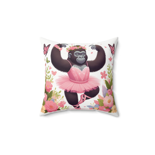 An ideal addition to your child's room with the Ballerina Gorilla in Bloom Pillow. This delightful pillow features an adorable gorilla dressed in a pink ballerina outfit, gracefully poised among vibrant flowers and fluttering butterflies. BUY NOW! (SK Superb)