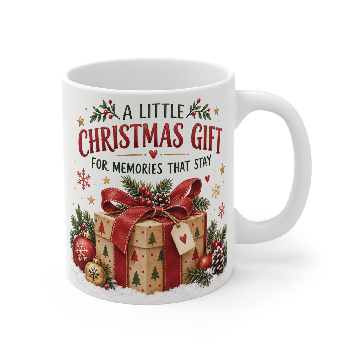 11oz Christmas mug with A Little Christmas Gift for Memories That Stay quote, wrapped present, red bow and festive greenery