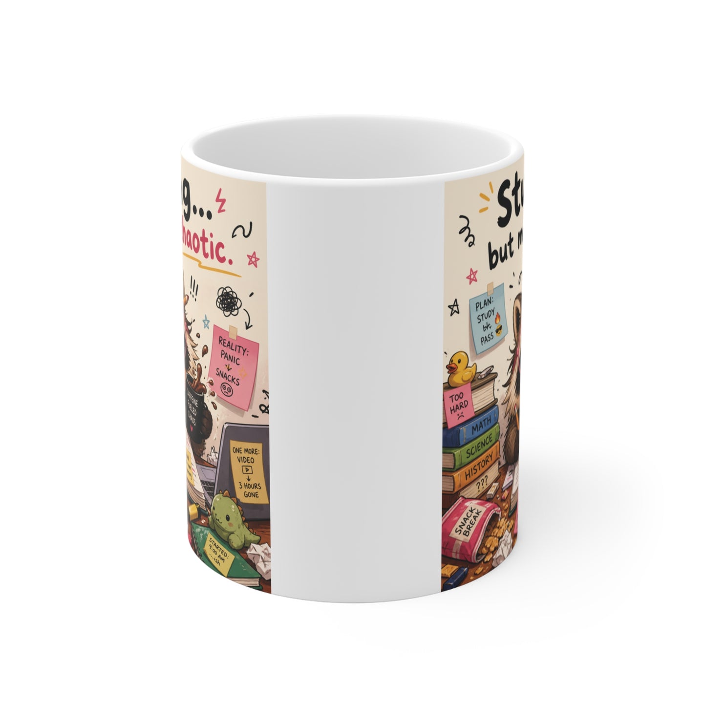 Chaotic study raccoon coffee mug for college students and academic humor gift ideas.