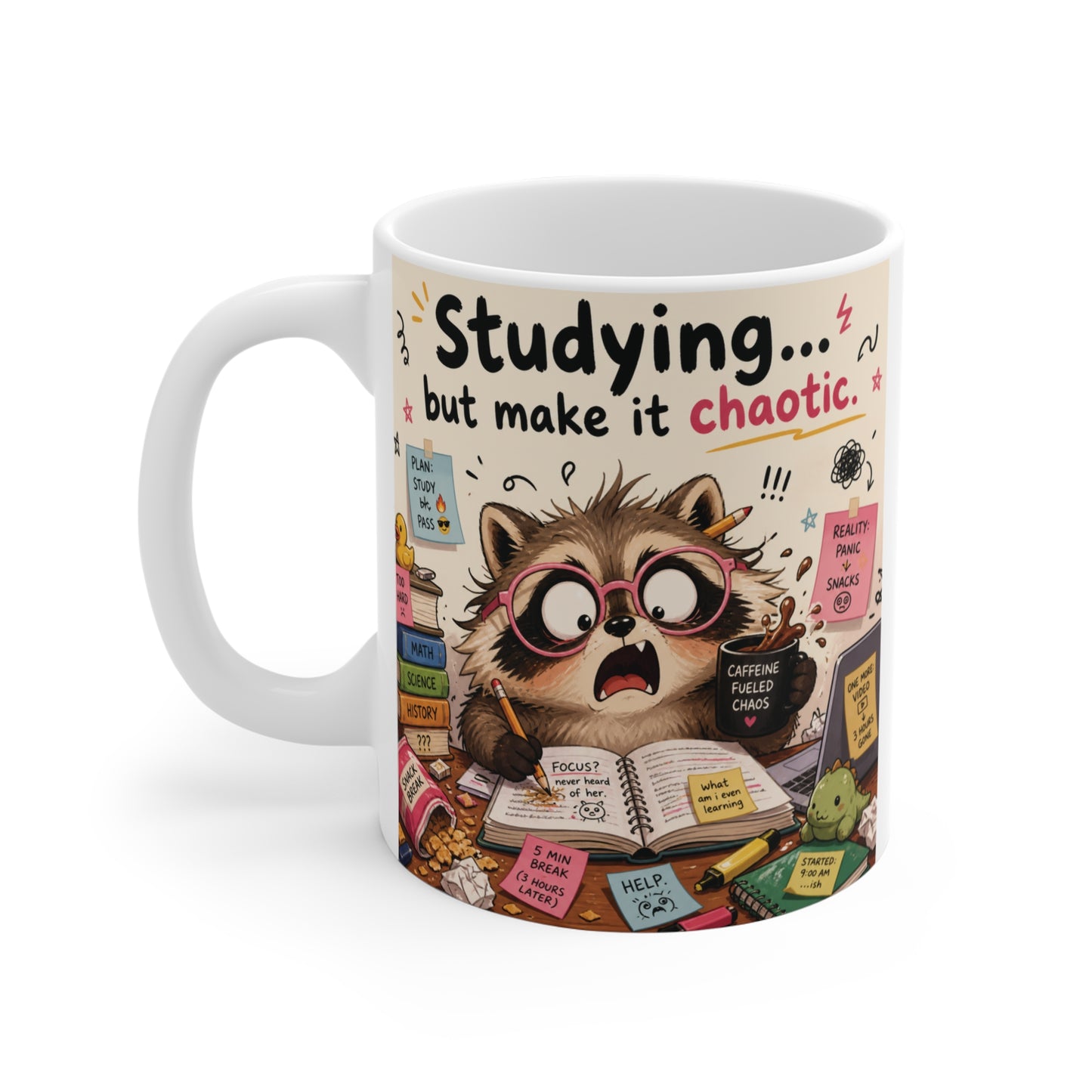 Close-up of a relatable student life coffee cup showing a chaotic raccoon studying for finals week.