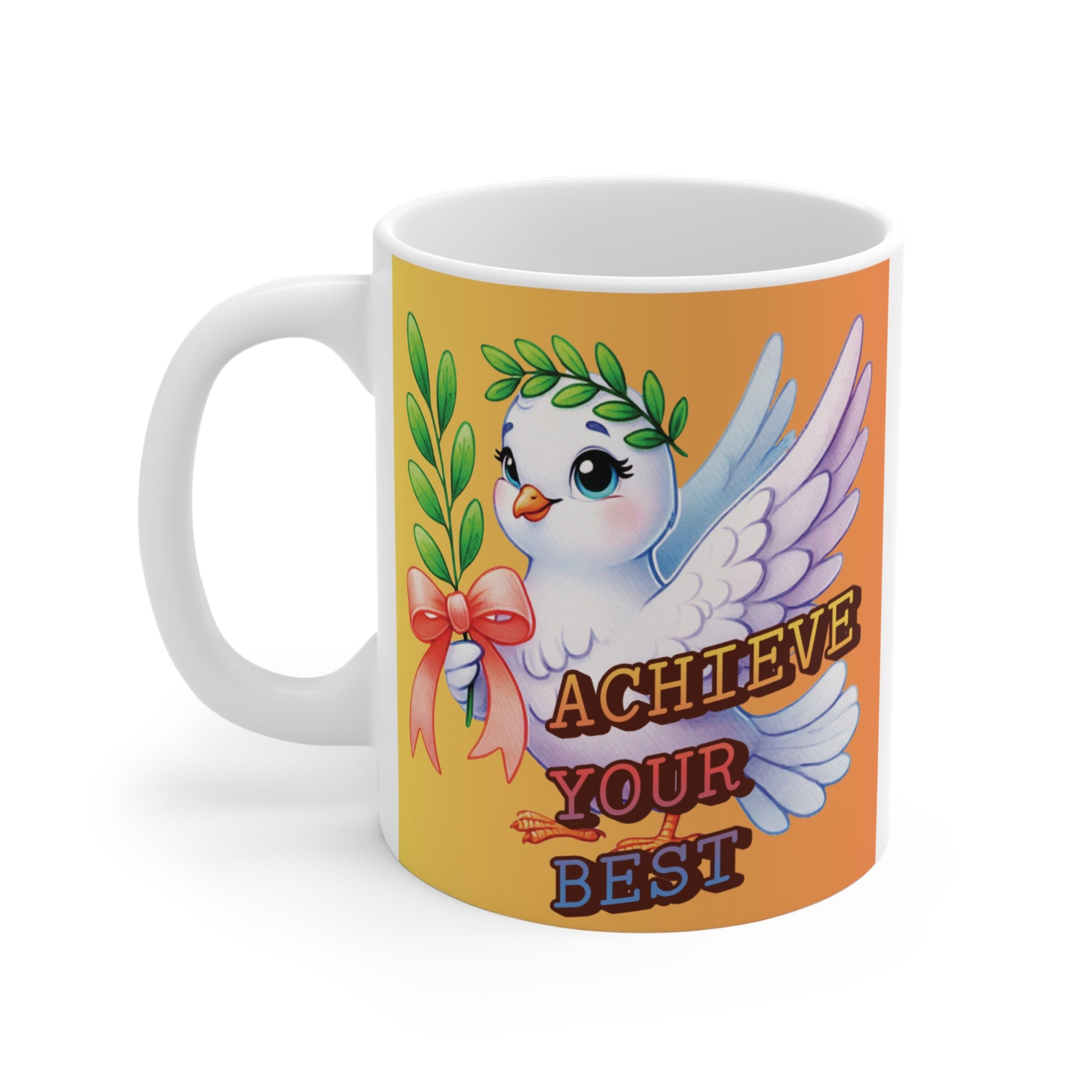 Motivational coffee mug with an illustration of a peace dove and the phrase "Achieve Your Best" on a sunset-gradient surface.