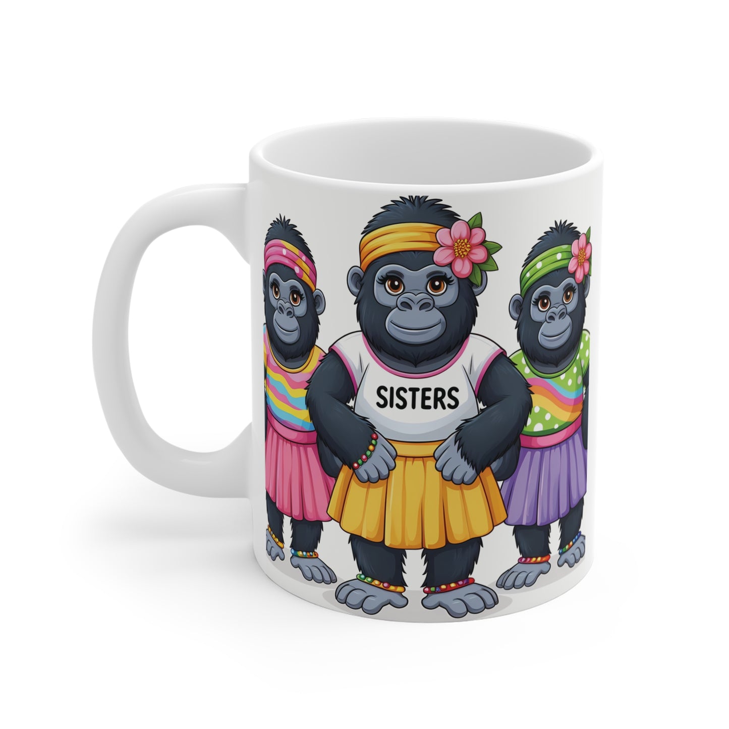 Charming coffee mug displaying three smiling gorilla girls dressed in colorful skirts and headbands, perfect as a gift for sisters, best friends, or family members.