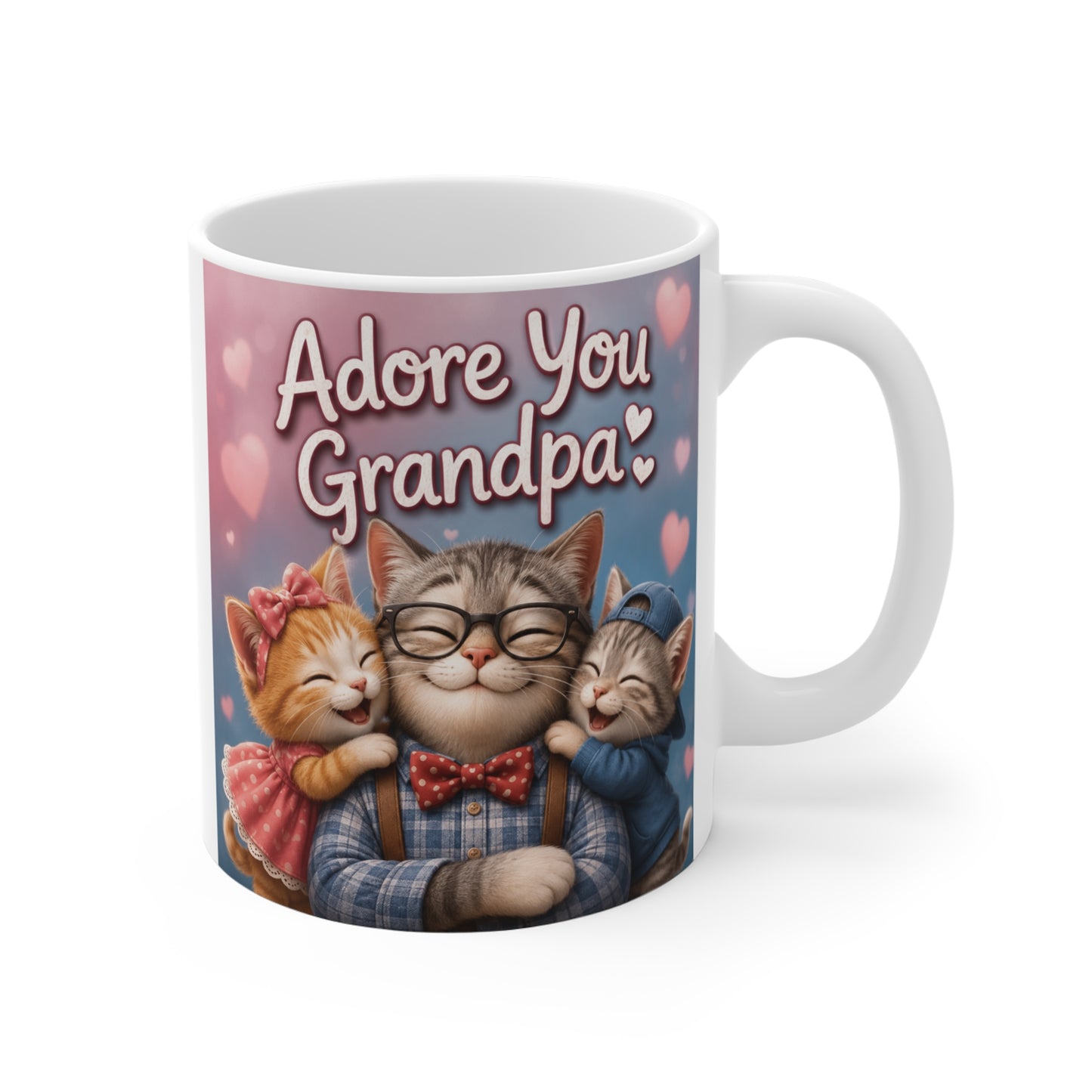 Cute Adore You Grandpa 11oz ceramic mug featuring a smiling grandpa cat hugging two adorable kittens with heart background.