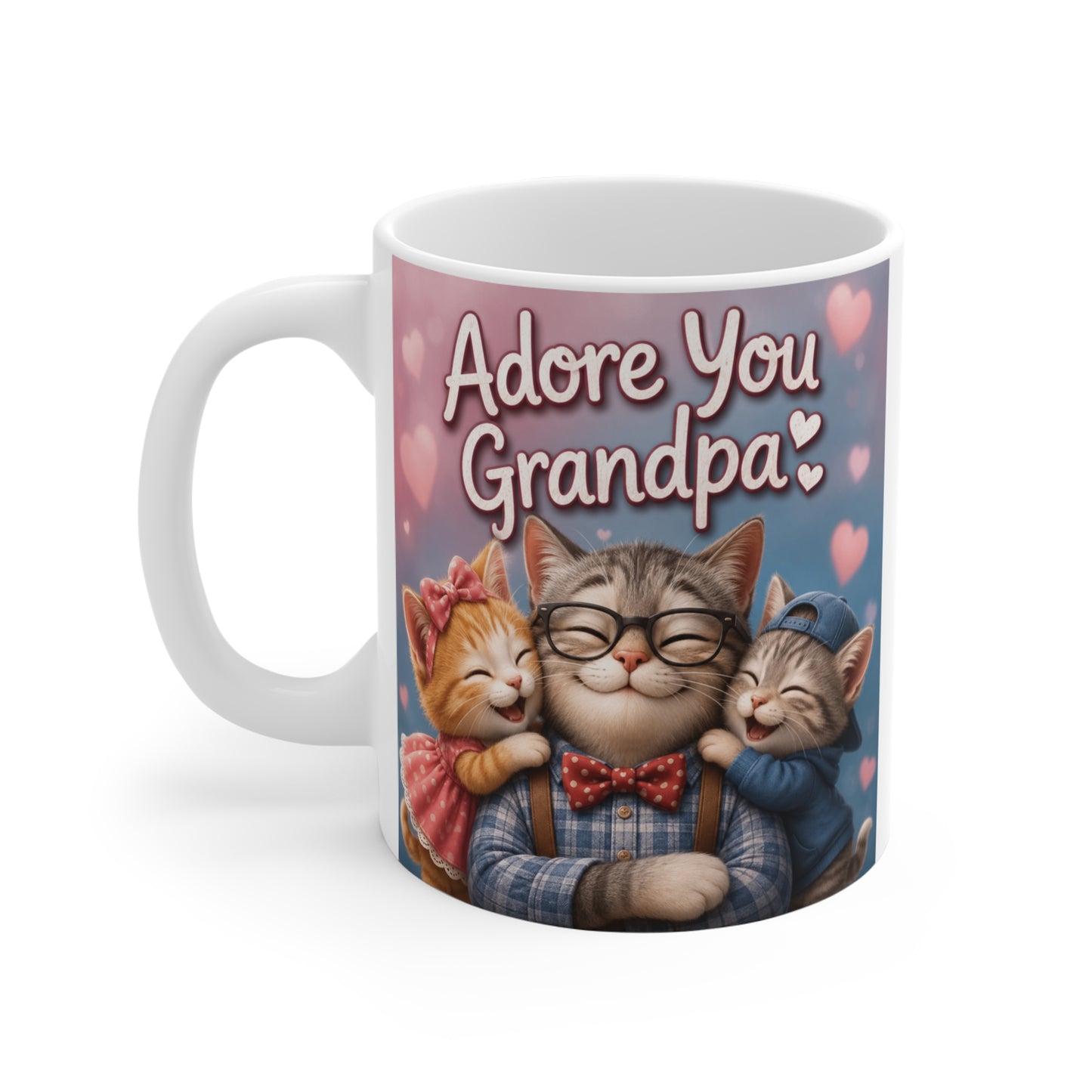 Funny cat lover grandpa mug featuring affectionate kittens and heartfelt Adore You Grandpa message on ceramic coffee cup.