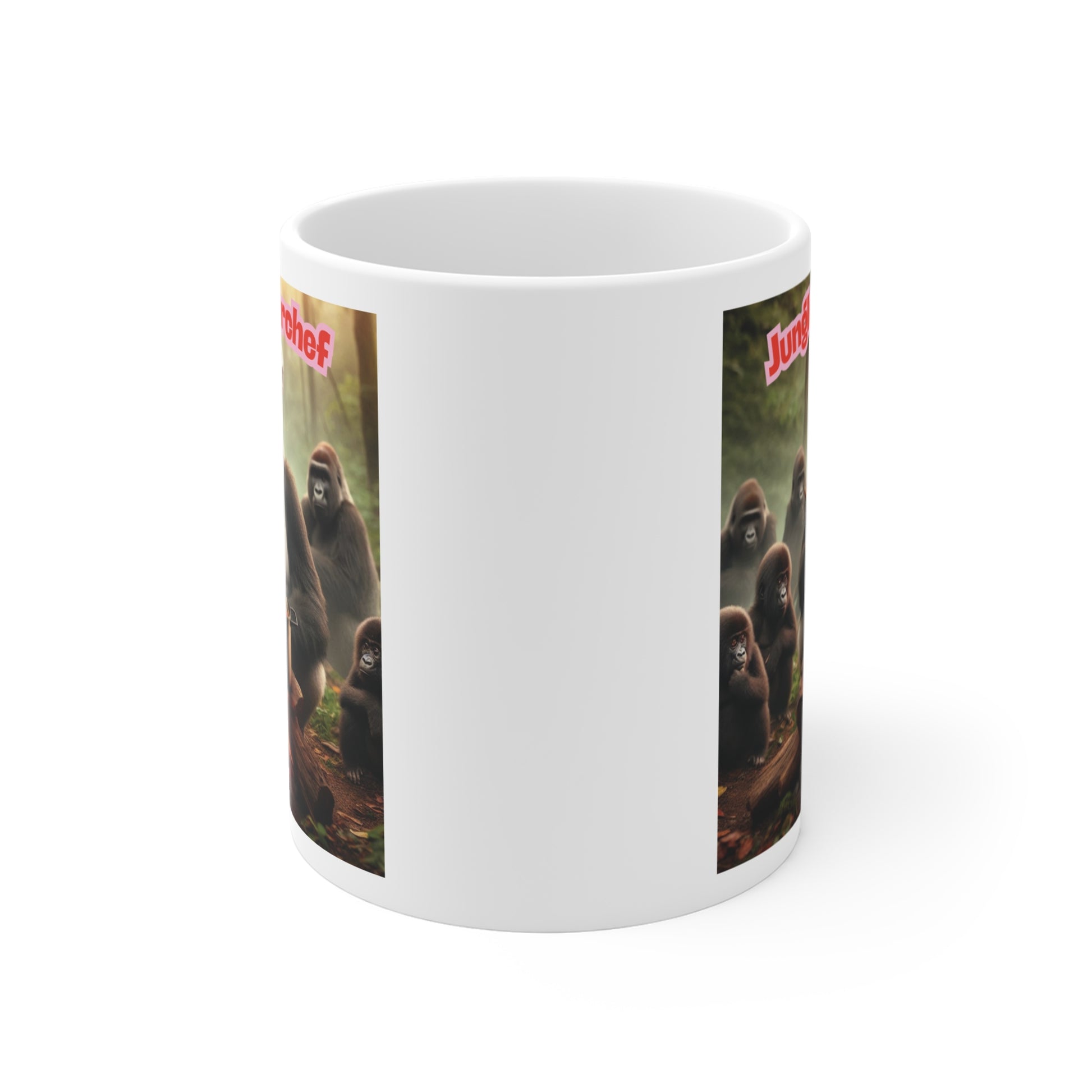 Gorilla chef cooking over campfire mug design, novelty 11oz funny animal coffee cup for men, dad gift and kitchen humor lovers