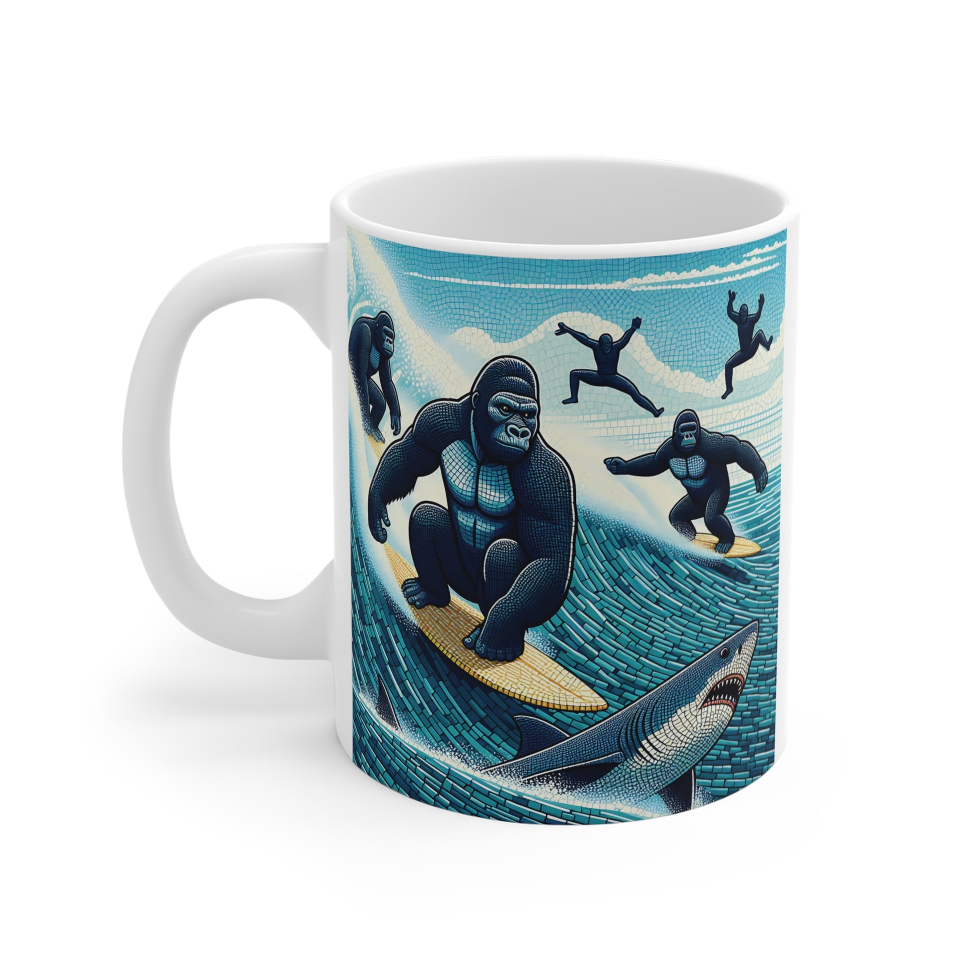 Mosaic art gorilla surfing mug with ocean waves, sharks, and action-packed tropical scene for unique animal coffee gifts.