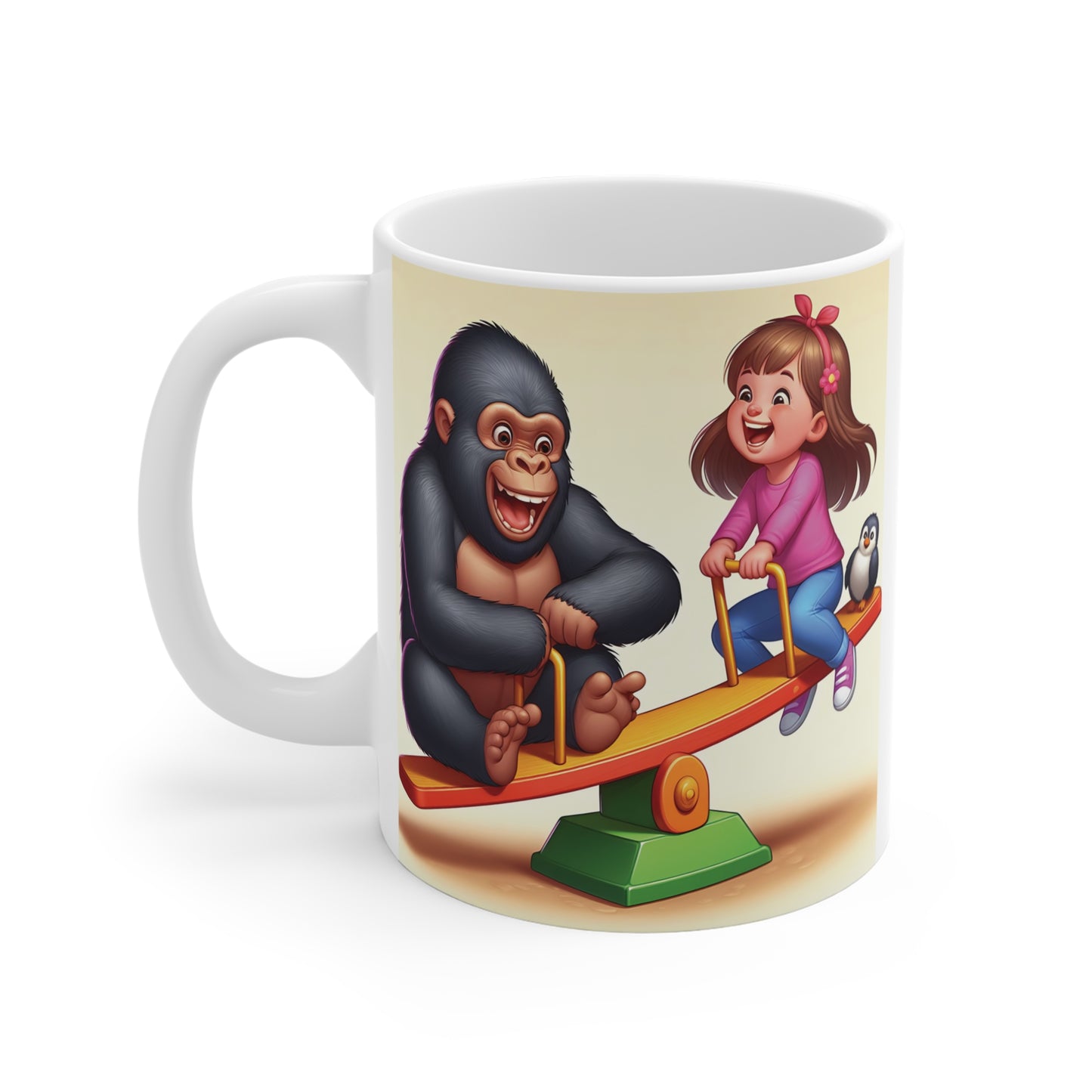 Playful animal and kid seesaw scene with happy gorilla and girl on unique gift mug for children