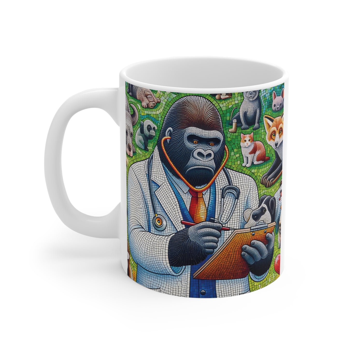 Artistic mug showing a gorilla dressed as a veterinarian with a stethoscope and clipboard, surrounded by various pets and animals in colorful stained-glass mosaic style, perfect for veterinary professionals and animal lovers.