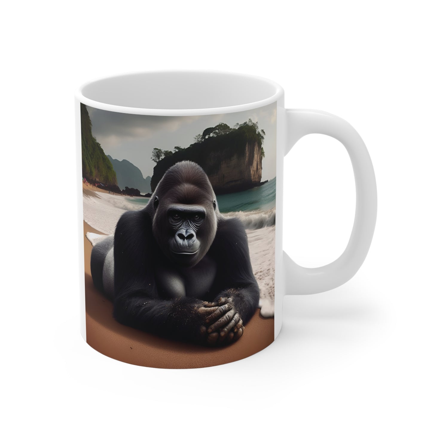 Relaxing Gorilla Beach Mug with Realistic Gorilla Lying on Tropical Shore, Wildlife Coffee Mug Gift