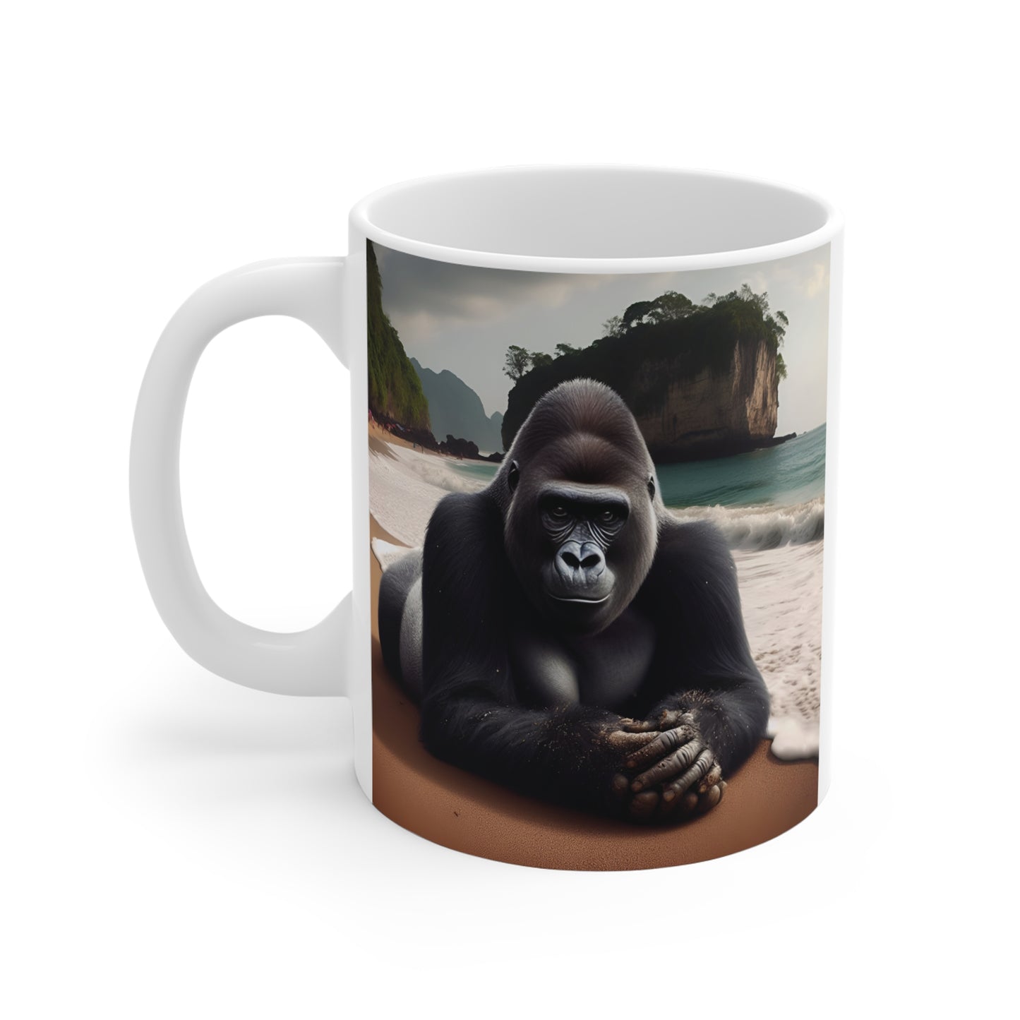 Tropical Gorilla Mug with Scenic Beach and Island Background, Wildlife-Themed 11oz Coffee Mug