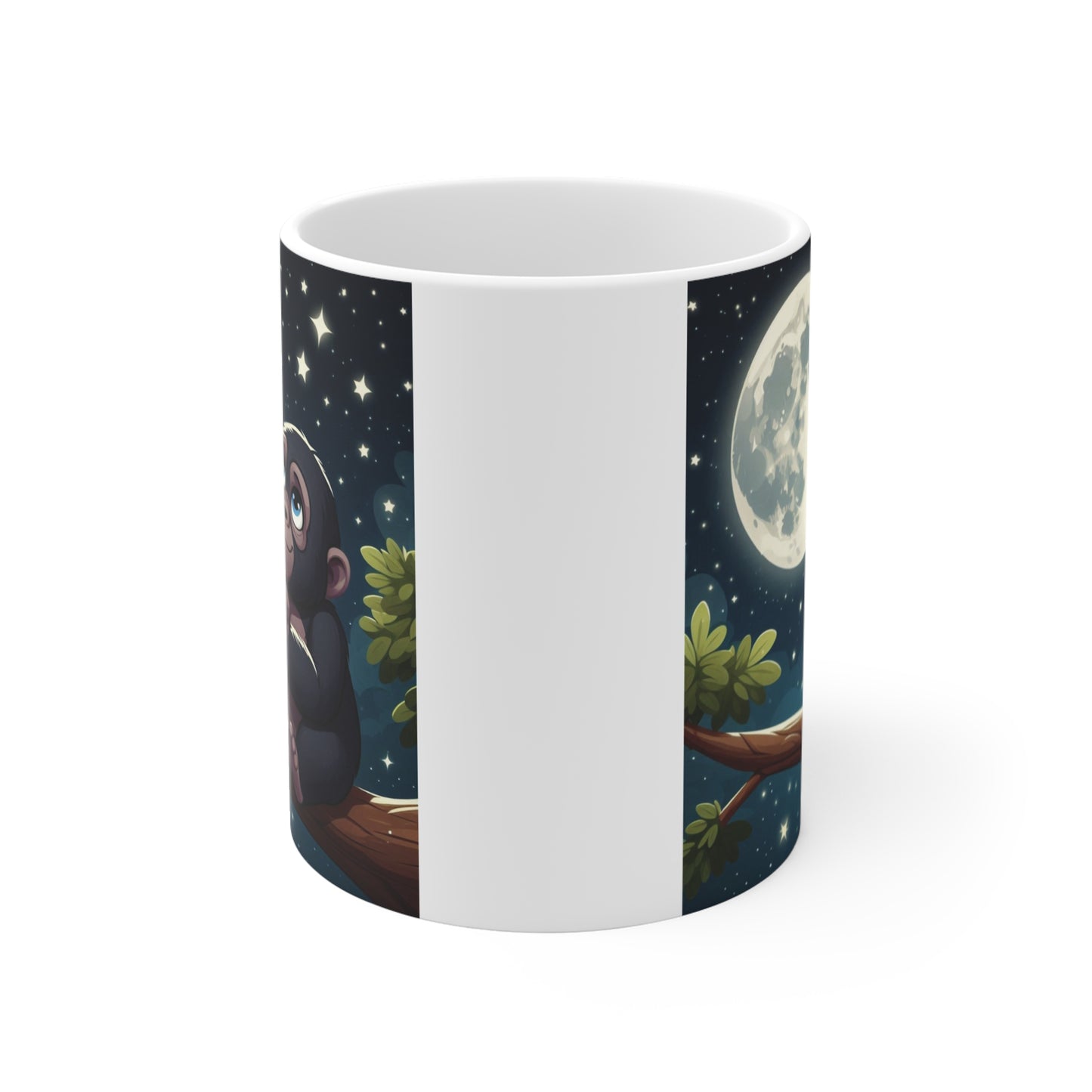 Funny cute gorilla moon mug for coffee and tea lovers featuring adorable animal artwork and starry night background