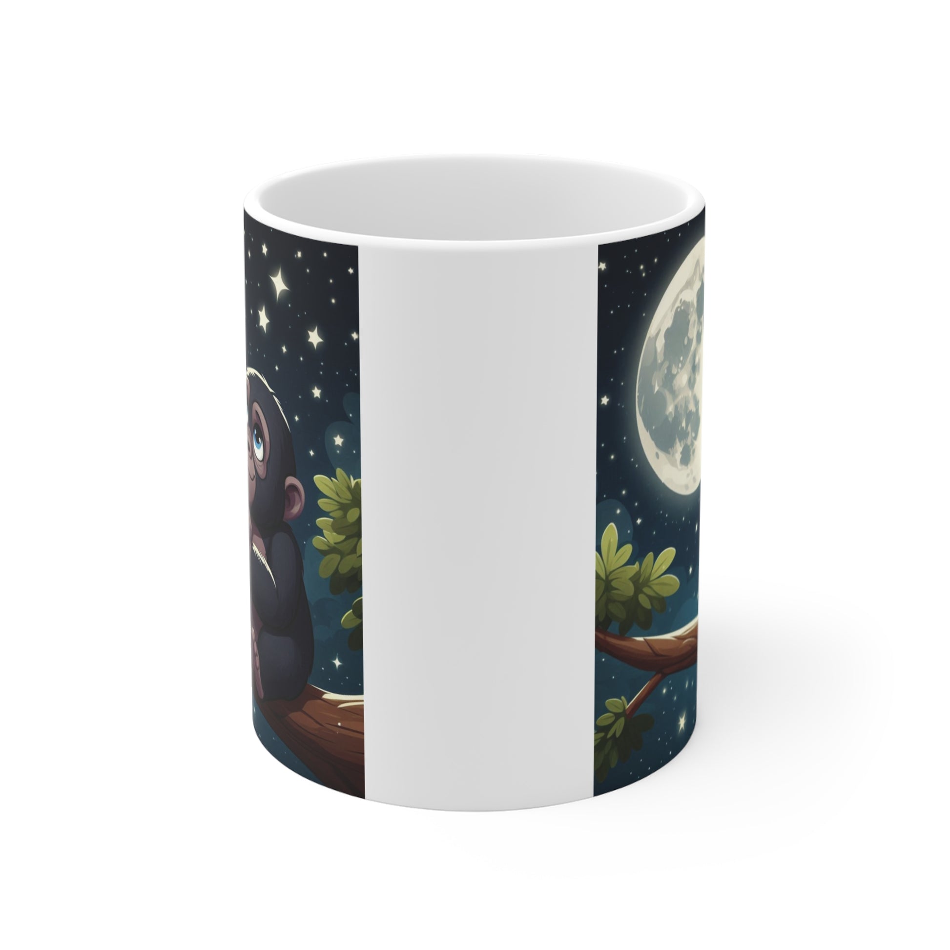 Funny cute gorilla moon mug for coffee and tea lovers featuring adorable animal artwork and starry night background