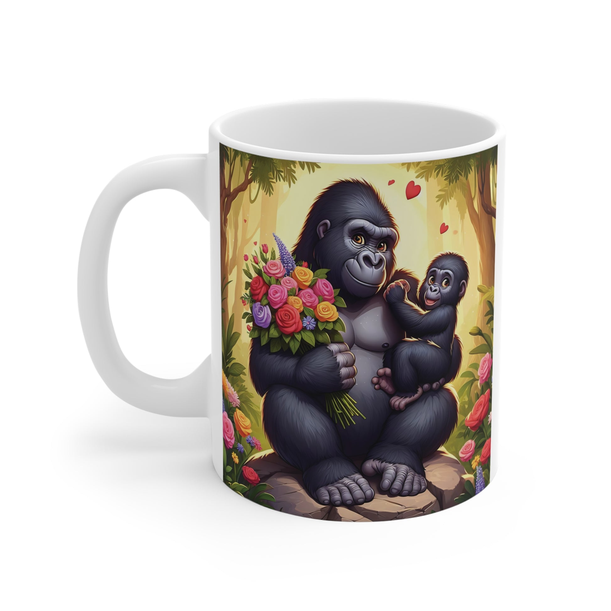 Funny and adorable gorilla family mug featuring a loving ape holding flowers and baby gorilla in a floral forest scene, perfect cute animal coffee cup.