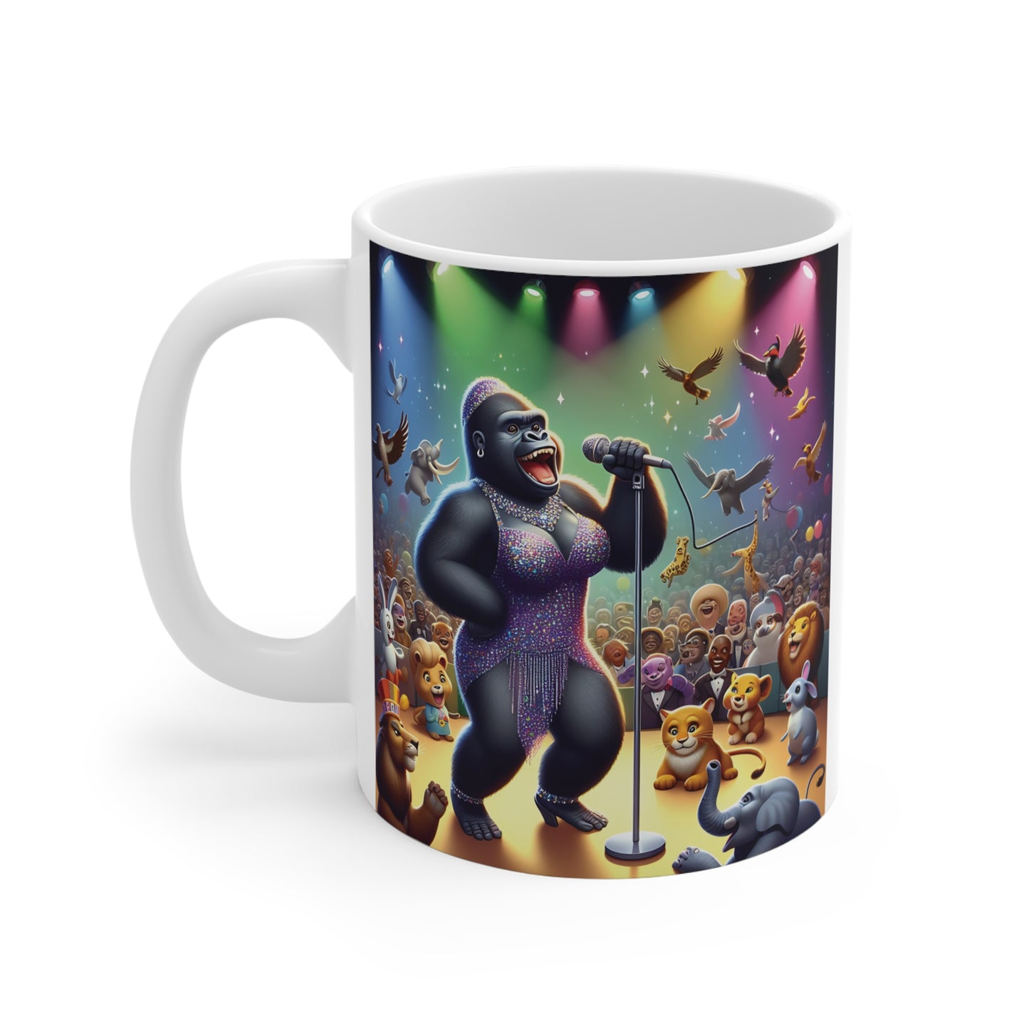 Funny animal concert mug featuring a singing gorilla with microphone and lively crowd of jungle animals under bright lights