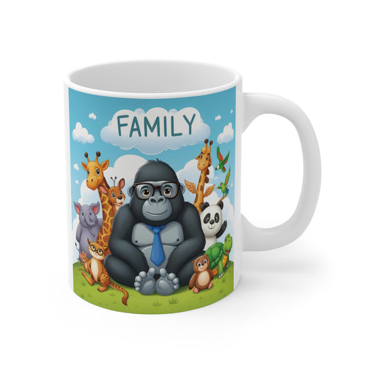 A white ceramic coffee mug featuring a cartoon illustration of a diverse animal "family" including a gorilla in a blue tie and glasses, giraffes, an elephant, a panda, and a turtle under a blue sky.