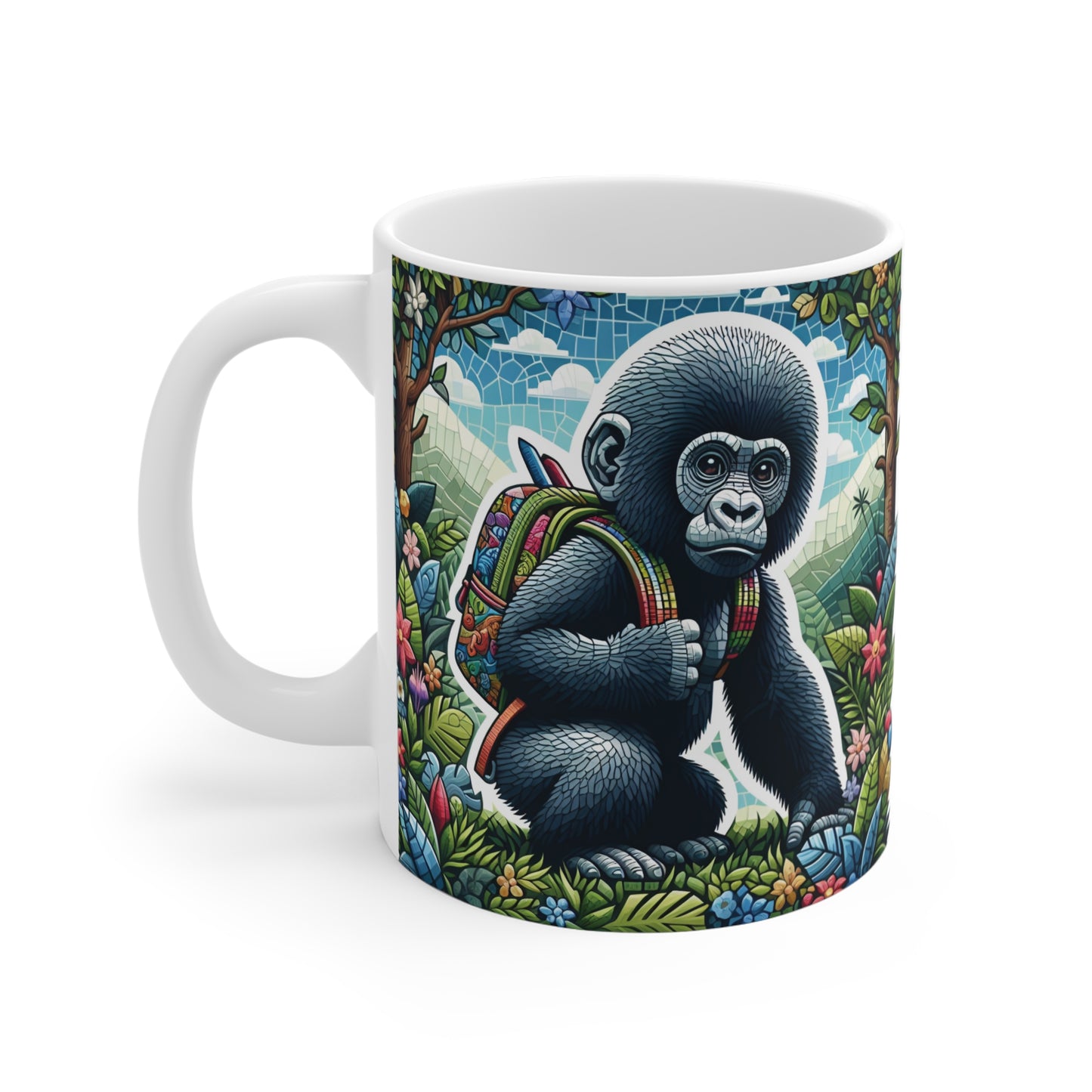 Adorable gorilla mug with vibrant forest scene and stained glass effect, perfect wildlife lover gift idea