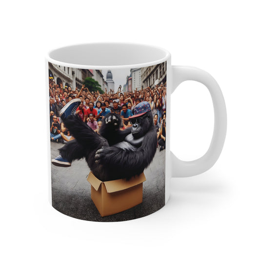 Funny gorilla coffee mug featuring a cool ape wearing sunglasses and a colorful cap while relaxing in a cardboard box in front of a cheering crowd.