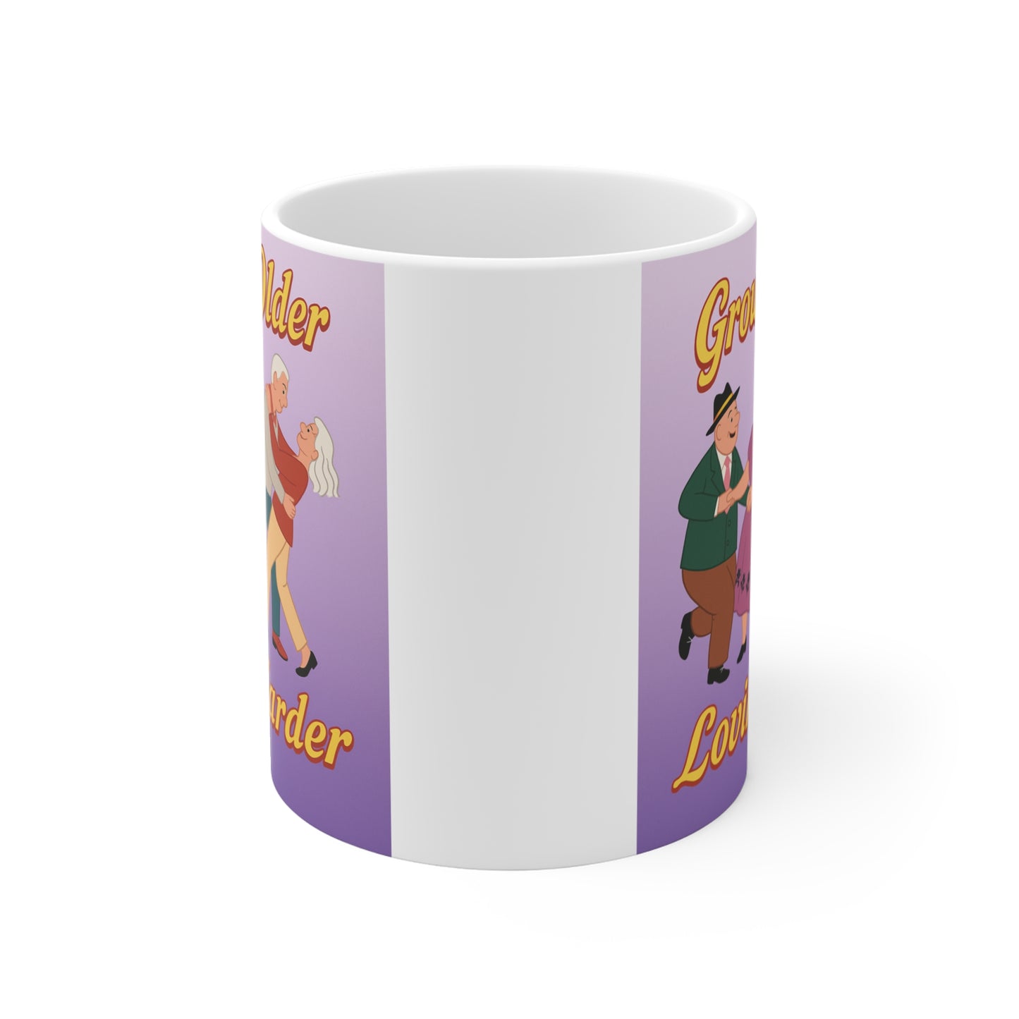 Romantic anniversary coffee mug with dancing elderly couples and the phrase Growing Older Loving Harder.