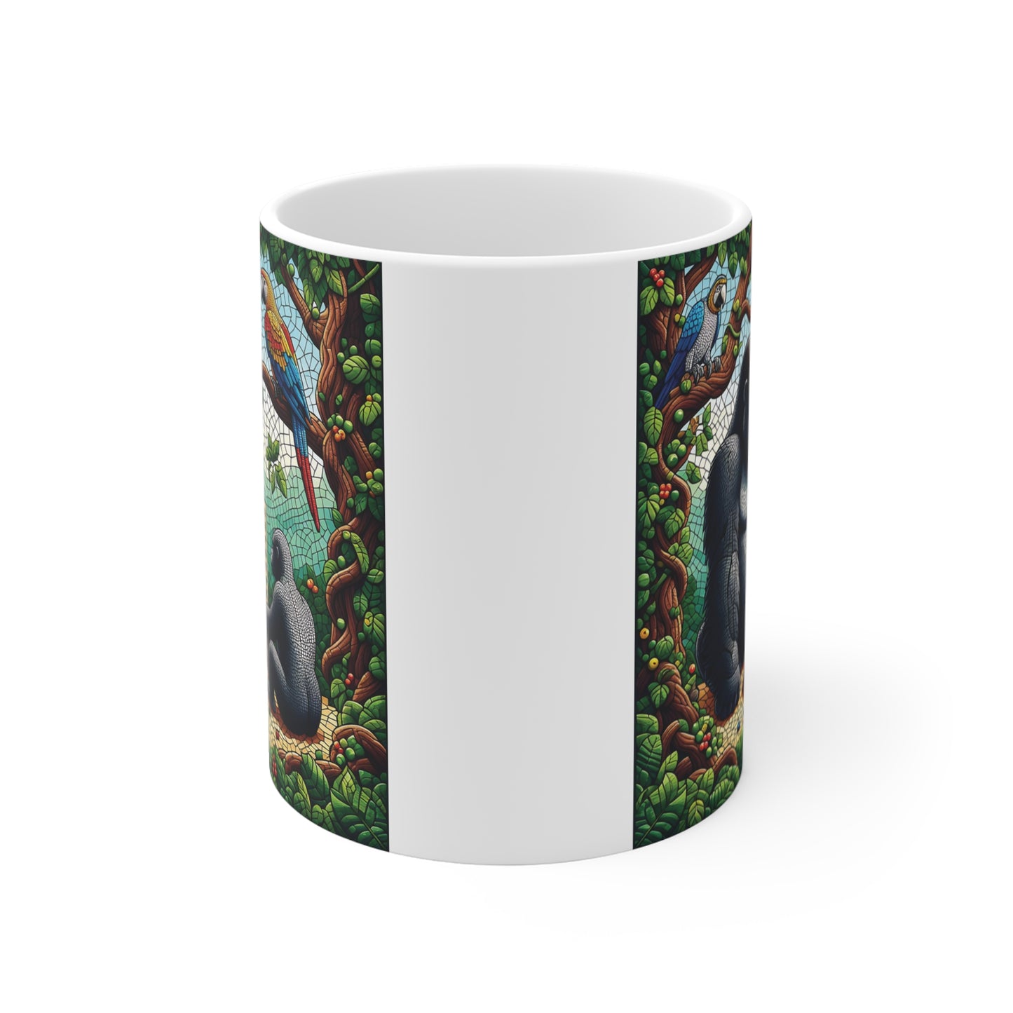 Artistic stained-glass style gorilla mug featuring rainforest scene, parrots, and gorillas playing board game on ceramic coffee cup.