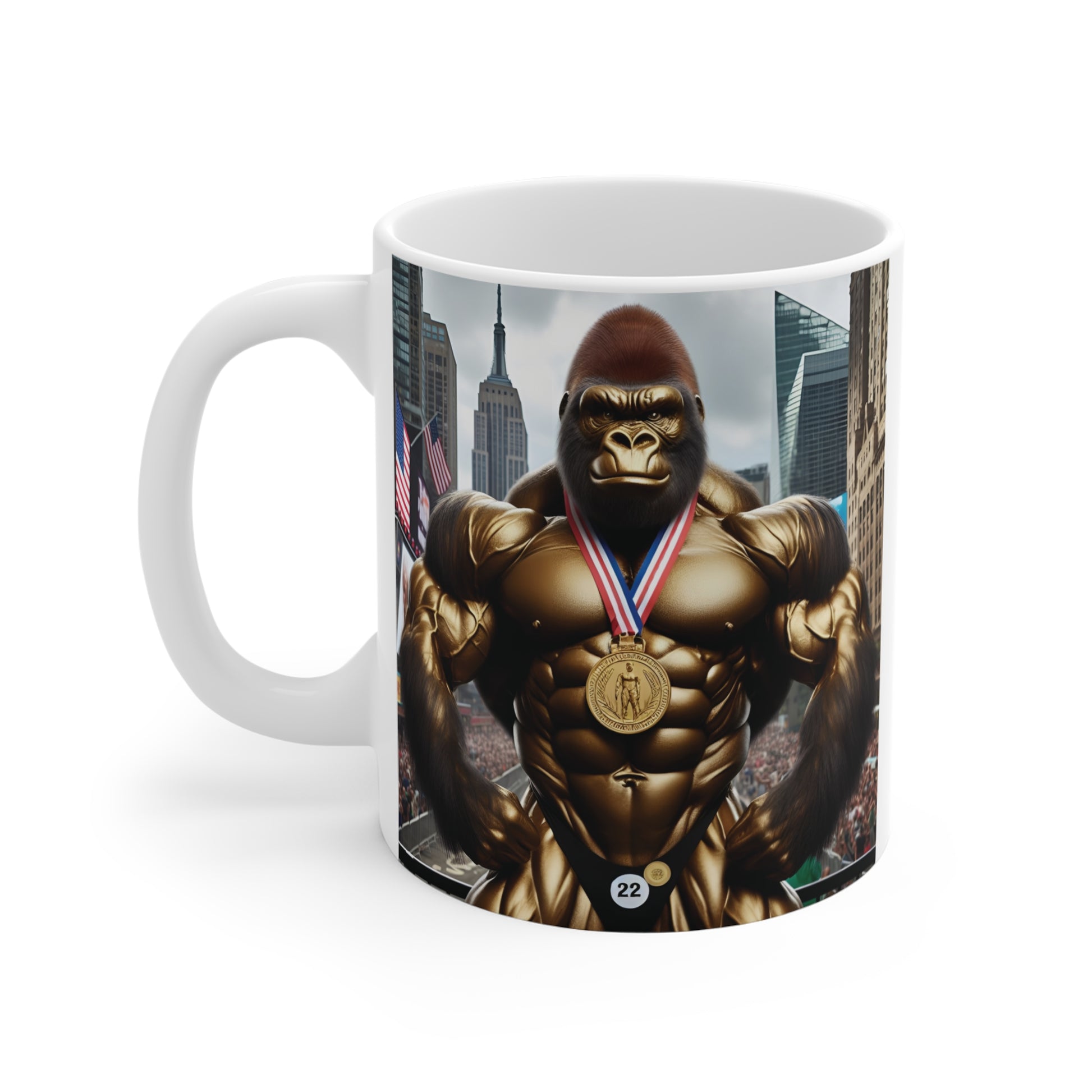 Strong gorilla fitness mug with bodybuilder illustration, gold medal theme, and unique gym lover coffee cup