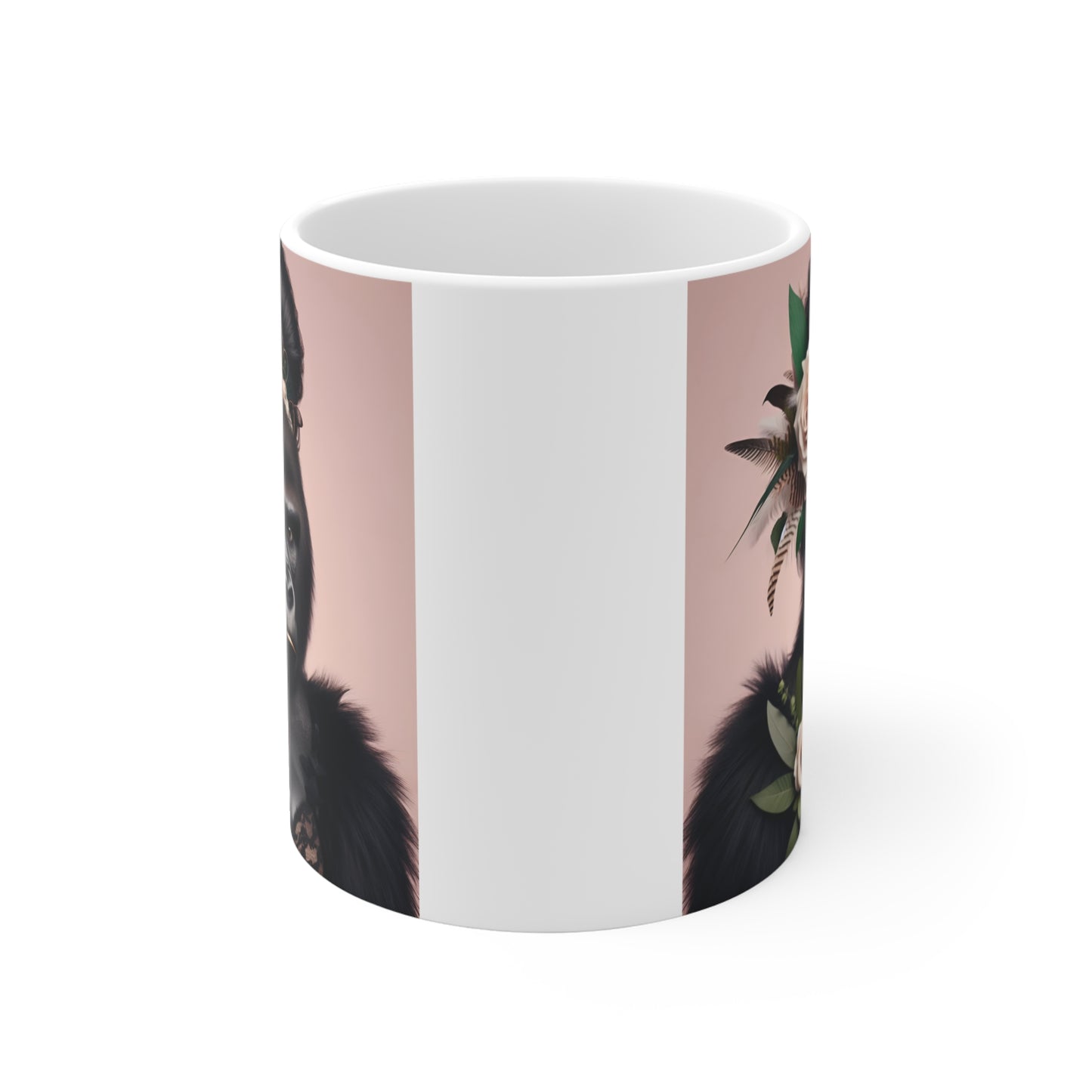 Ceramic coffee mug showcasing a fashionable gorilla wearing floral accessories, lace details, and decorative jewelry, creating a unique and whimsical animal art design.